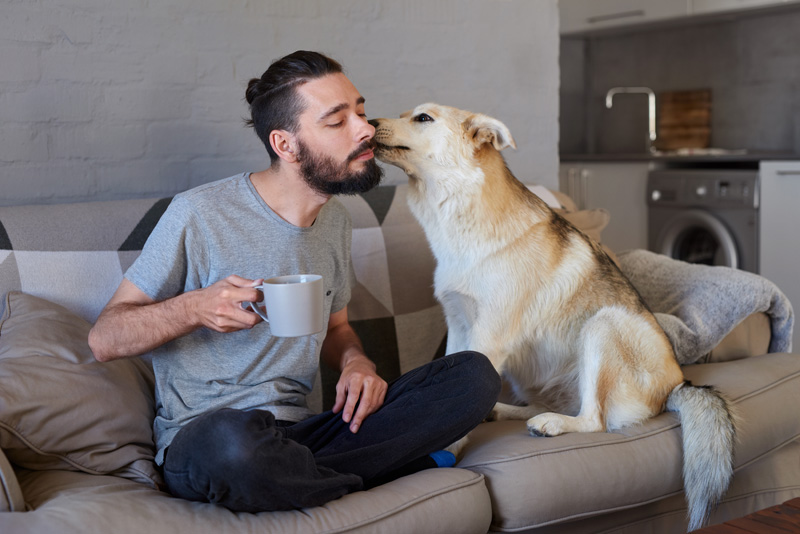Dog kissing men holding coffee